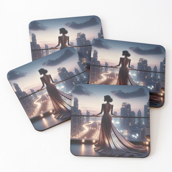 Item preview, Woman in an elegant, flowing evening gown standing on a balcony overlooking a city skyline at twilight, with soft lights and a gentle breeze designed and sold by AndreaMart.