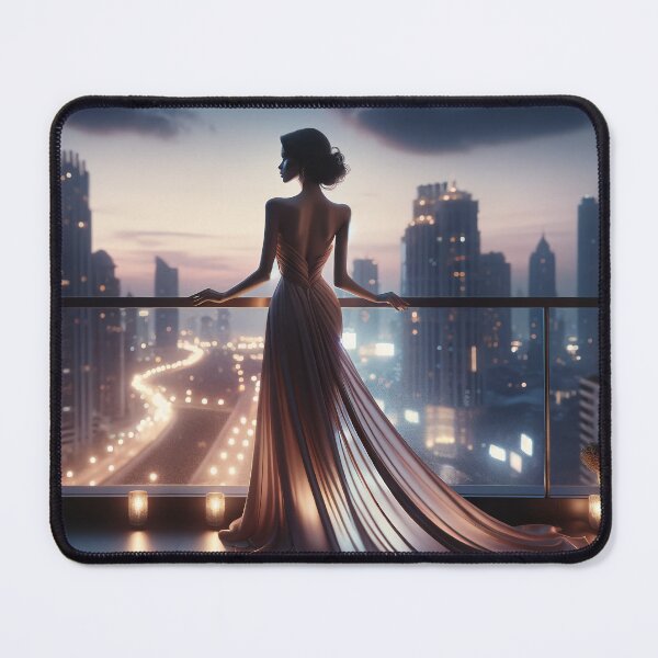 Item preview, Woman in an elegant, flowing evening gown standing on a balcony overlooking a city skyline at twilight, with soft lights and a gentle breeze designed and sold by AndreaMart.