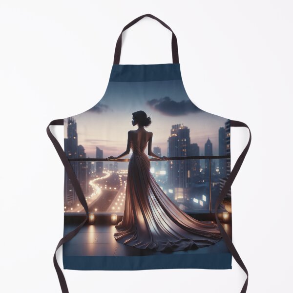 Item preview, Woman in an elegant, flowing evening gown standing on a balcony overlooking a city skyline at twilight, with soft lights and a gentle breeze designed and sold by AndreaMart.