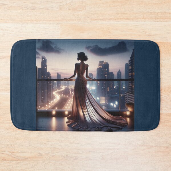 Item preview, Woman in an elegant, flowing evening gown standing on a balcony overlooking a city skyline at twilight, with soft lights and a gentle breeze designed and sold by AndreaMart.