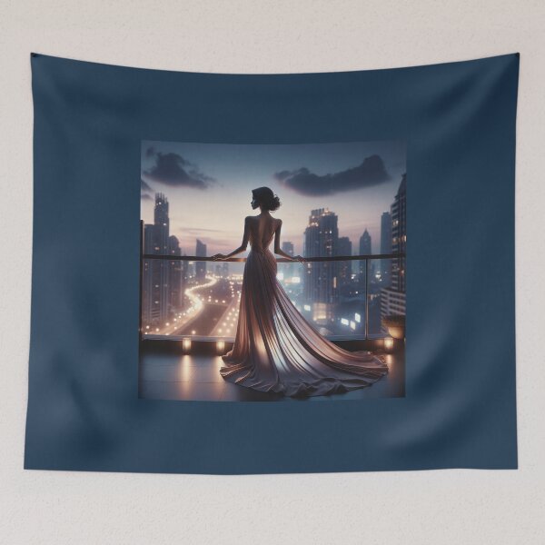 Item preview, Woman in an elegant, flowing evening gown standing on a balcony overlooking a city skyline at twilight, with soft lights and a gentle breeze designed and sold by AndreaMart.