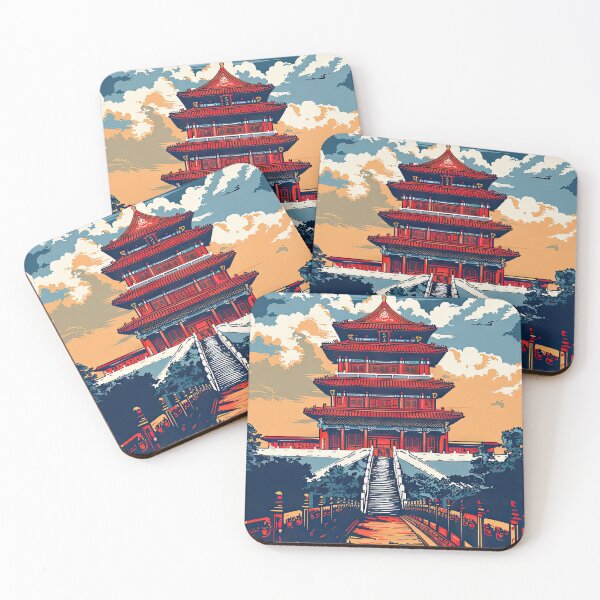 Item preview, Vibrant retro travel poster featuring an ancient Chinese pagoda at sunset designed and sold by Jerhus.
