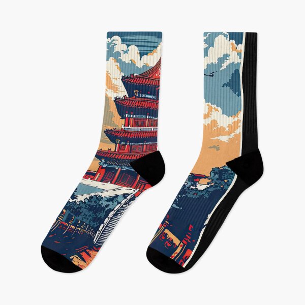 Item preview, Vibrant retro travel poster featuring an ancient Chinese pagoda at sunset designed and sold by Jerhus.