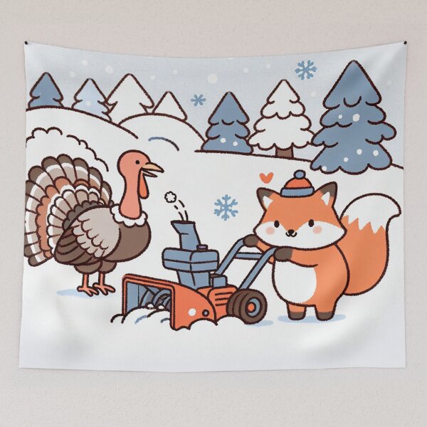Item preview, Turkey and Fox Joy in the Snow with Snow Blower designed and sold by zzz888.