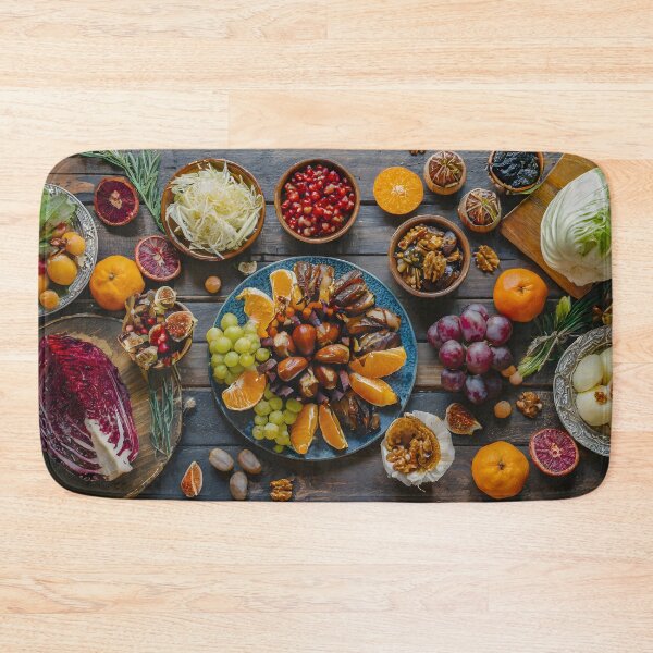 Item preview, Zenith view of a wooden table with vegetables and fruits. designed and sold by coffeeflavour.