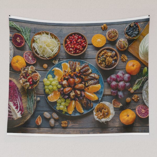 Item preview, Zenith view of a wooden table with vegetables and fruits. designed and sold by coffeeflavour.