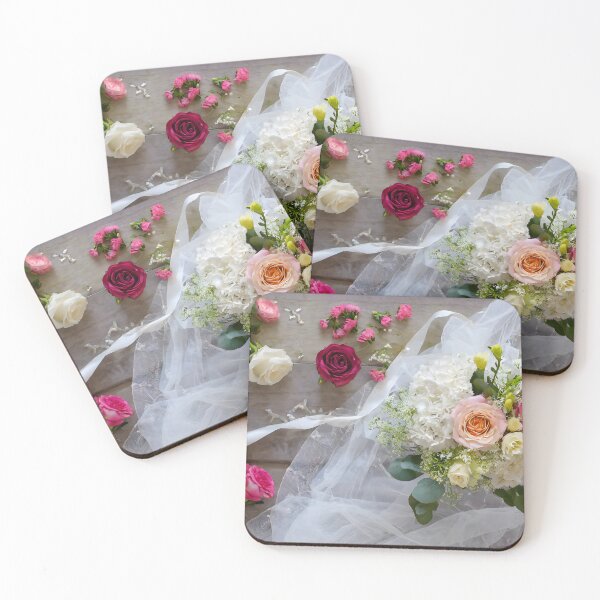 Item preview, Zenith view of a wooden table with roses, gypsophila and mixed flowers and ribbon and tulle. designed and sold by coffeeflavour.