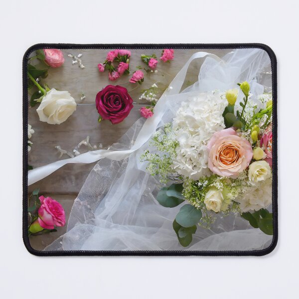 Item preview, Zenith view of a wooden table with roses, gypsophila and mixed flowers and ribbon and tulle. designed and sold by coffeeflavour.