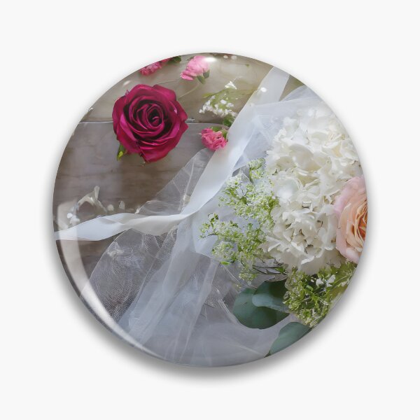 Item preview, Zenith view of a wooden table with roses, gypsophila and mixed flowers and ribbon and tulle. designed and sold by coffeeflavour.