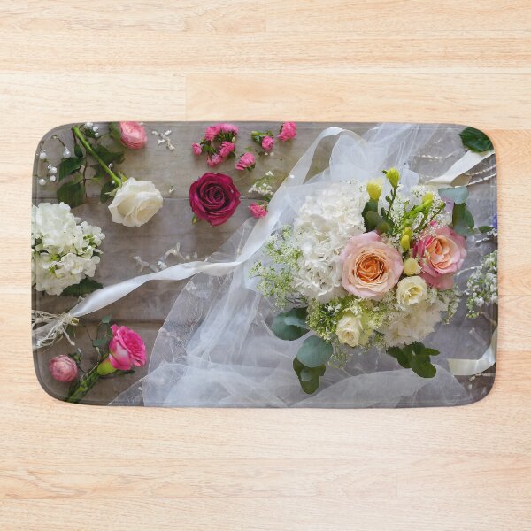 Item preview, Zenith view of a wooden table with roses, gypsophila and mixed flowers and ribbon and tulle. designed and sold by coffeeflavour.
