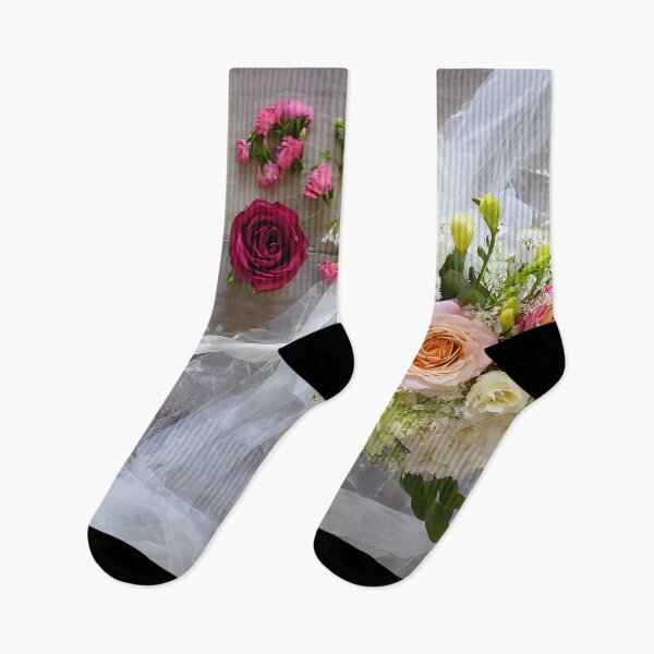 Item preview, Zenith view of a wooden table with roses, gypsophila and mixed flowers and ribbon and tulle. designed and sold by coffeeflavour.