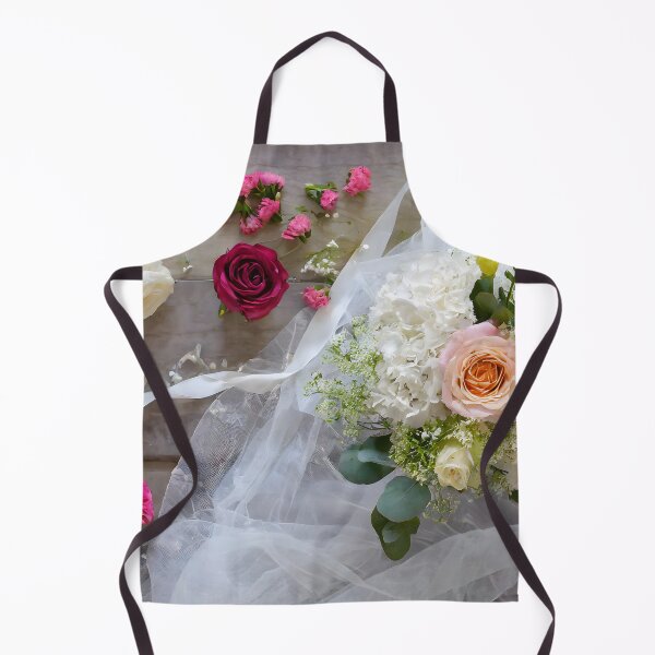 Item preview, Zenith view of a wooden table with roses, gypsophila and mixed flowers and ribbon and tulle. designed and sold by coffeeflavour.
