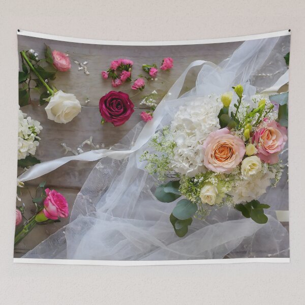 Item preview, Zenith view of a wooden table with roses, gypsophila and mixed flowers and ribbon and tulle. designed and sold by coffeeflavour.