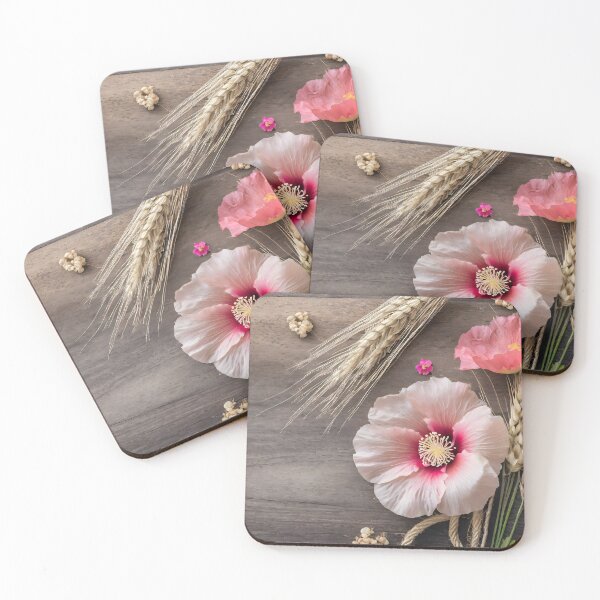Item preview, Zenith view of a wooden table with hibiscus flowers and some spikes. designed and sold by coffeeflavour.