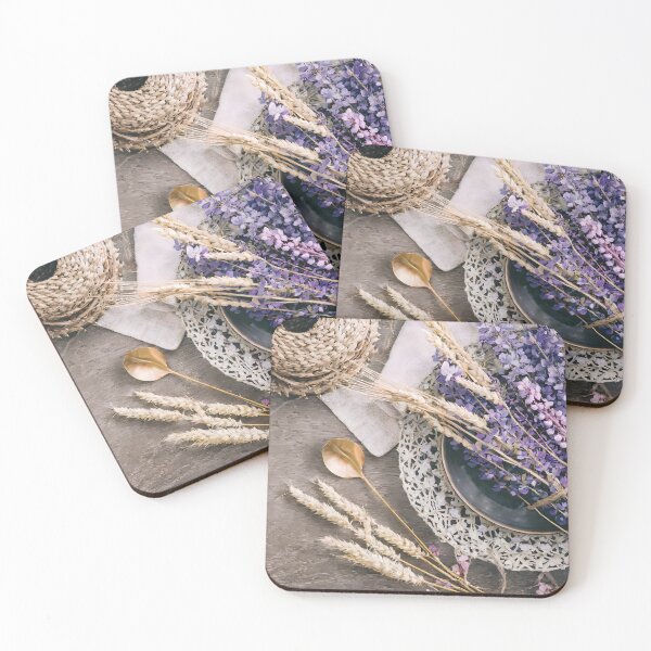 Item preview, Zenith view of a wooden table with wisteria, field grass, and twine. designed and sold by coffeeflavour.