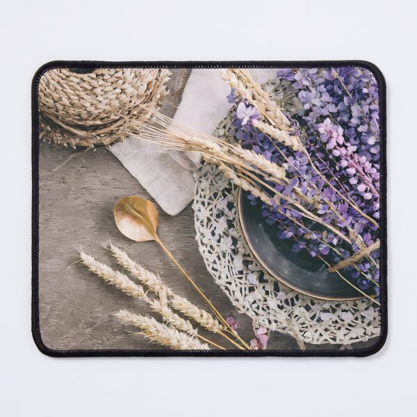 Item preview, Zenith view of a wooden table with wisteria, field grass, and twine. designed and sold by coffeeflavour.
