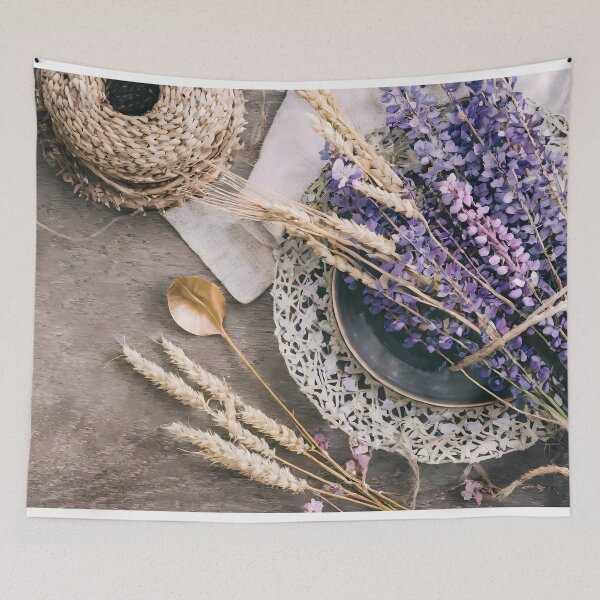 Item preview, Zenith view of a wooden table with wisteria, field grass, and twine. designed and sold by coffeeflavour.