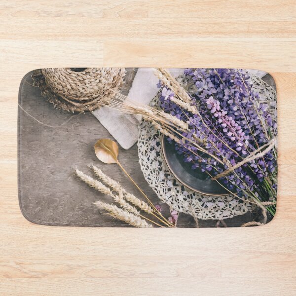 Item preview, Zenith view of a wooden table with wisteria, field grass, and twine. designed and sold by coffeeflavour.