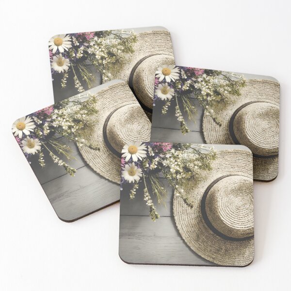Item preview, Zenith view of a wooden table with some flowers and a straw hat. designed and sold by coffeeflavour.