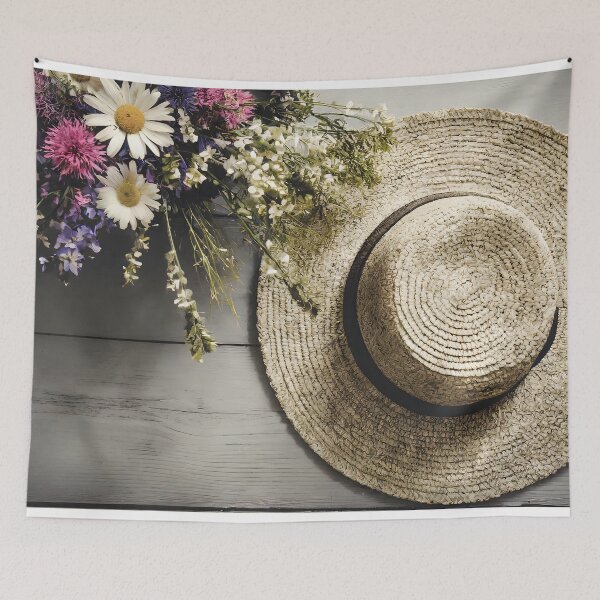 Item preview, Zenith view of a wooden table with some flowers and a straw hat. designed and sold by coffeeflavour.