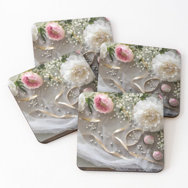 Item preview, Zenith view of a table with peonies, gypsophila, ribbon and white tulle. designed and sold by coffeeflavour.