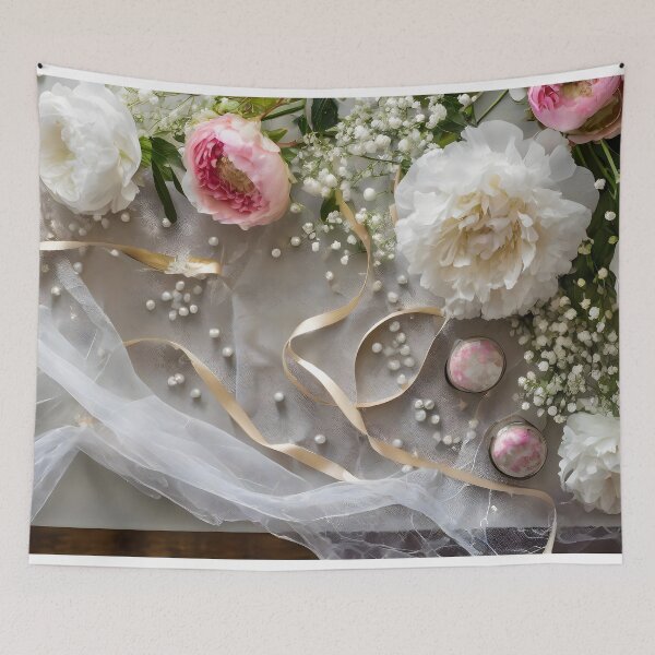 Item preview, Zenith view of a table with peonies, gypsophila, ribbon and white tulle. designed and sold by coffeeflavour.