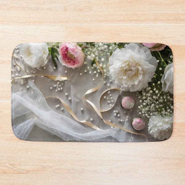 Item preview, Zenith view of a table with peonies, gypsophila, ribbon and white tulle. designed and sold by coffeeflavour.