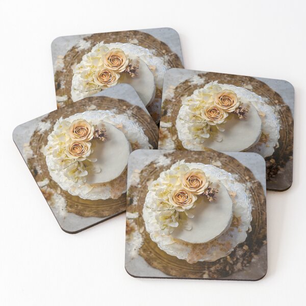 Item preview, Zenith view of a wedding cake with golden flowers and gypsophila. designed and sold by coffeeflavour.