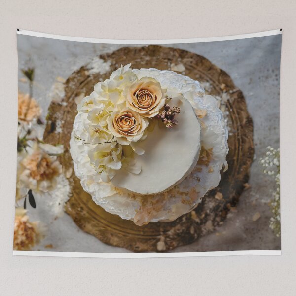 Item preview, Zenith view of a wedding cake with golden flowers and gypsophila. designed and sold by coffeeflavour.