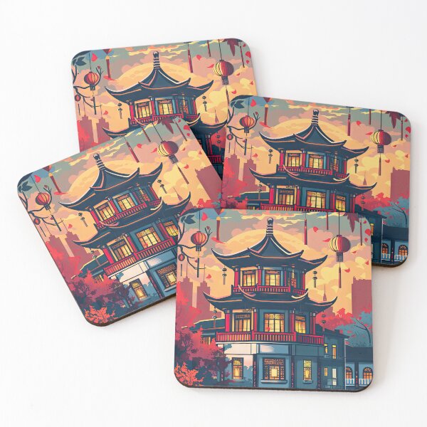 Item preview, Vibrant retro travel poster featuring an ancient Chinese pagoda at sunset designed and sold by Jerhus.