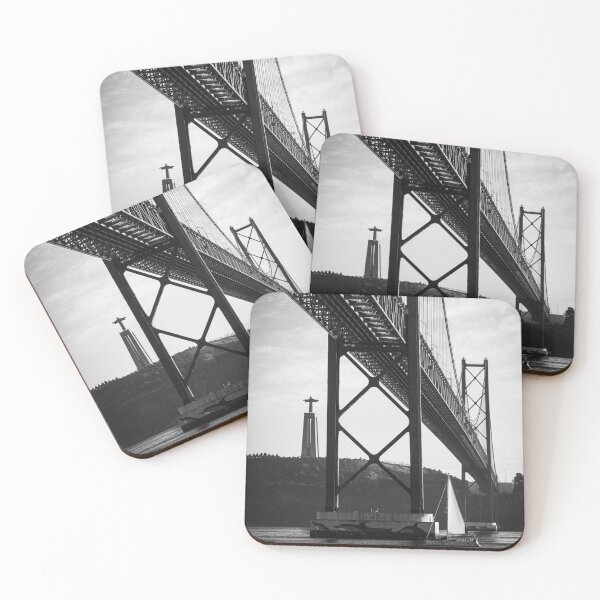 Item preview, Black and white Red bridge over the Tejo River with boat in Lisbon, Portugal designed and sold by jpferreiraphoto.