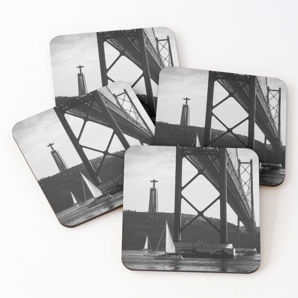 Item preview, Black and white Red bridge over the Tejo River with boat in Lisbon, Portugal designed and sold by jpferreiraphoto.