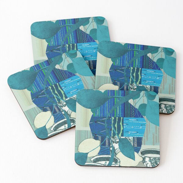 Item preview, Abstract Still Life Collage Vase with Teacups and Citrus, Teal, Lime, and Indigo No.372024-02 designed and sold by MirabiliaMagpie.