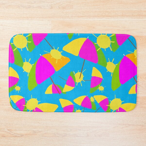 Item preview, Colorful beach Umbrellas and Sunshine on Blue Background - Hand-drawn Repeating Pattern on Blue Background hex code #02b9ed designed and sold by Victoria Rose.