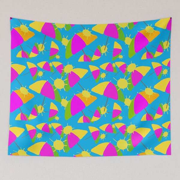 Item preview, Colorful beach Umbrellas and Sunshine on Blue Background - Hand-drawn Repeating Pattern on Blue Background hex code #02b9ed designed and sold by Victoria Rose.