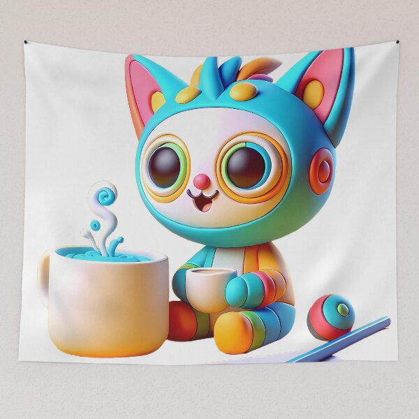 Item preview, Cute Whimsical Cat with Coffee - Vibrant Fantasy Creature Art Print designed and sold by aiart-cutegirl.
