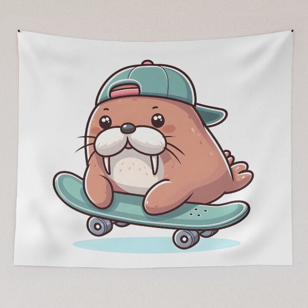 Item preview, Kawaii Walrus With Backwards Cap Riding A Skateboard designed and sold by CanvasCutie.