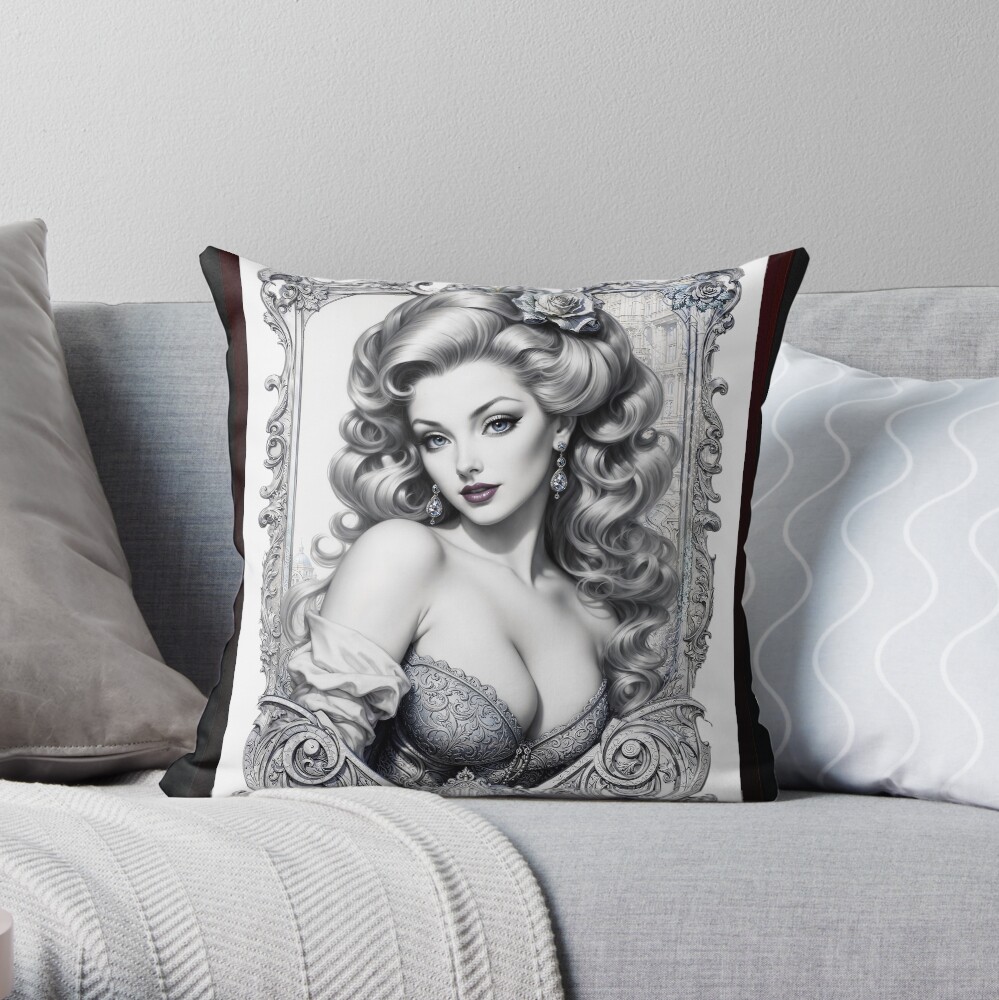 Fun Is My Middle Name AI Concept Art Illustration Portrait by Xzendor7 - The Gorgeous Anistasia Pin Up Girl Conveys 4 Fun Is My Middle Name Alluring AI Concept Art Illustration Portrait by Xzendor7 Decorative Throw Pillow