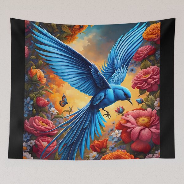 Item preview, Blue Bird with Long Flowing Tail and Flowers, Ai Generated Art  designed and sold by ACC .