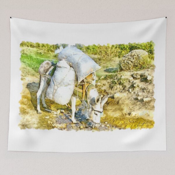 Item preview,  Donkey loaded with two sacks still drinking in a stream designed and sold by Giuseppe Cocco.