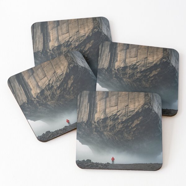 Item preview, person in red stands in front of a large rock formation that looks like it could fall at any moment. The sky is overcast and the scene has a dramatic feel designed and sold by petrovk.
