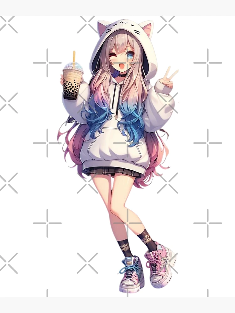 Cute Anime Girl with Cat Hoodie and Boba Poster for Sale by AstroAppa Redbubble