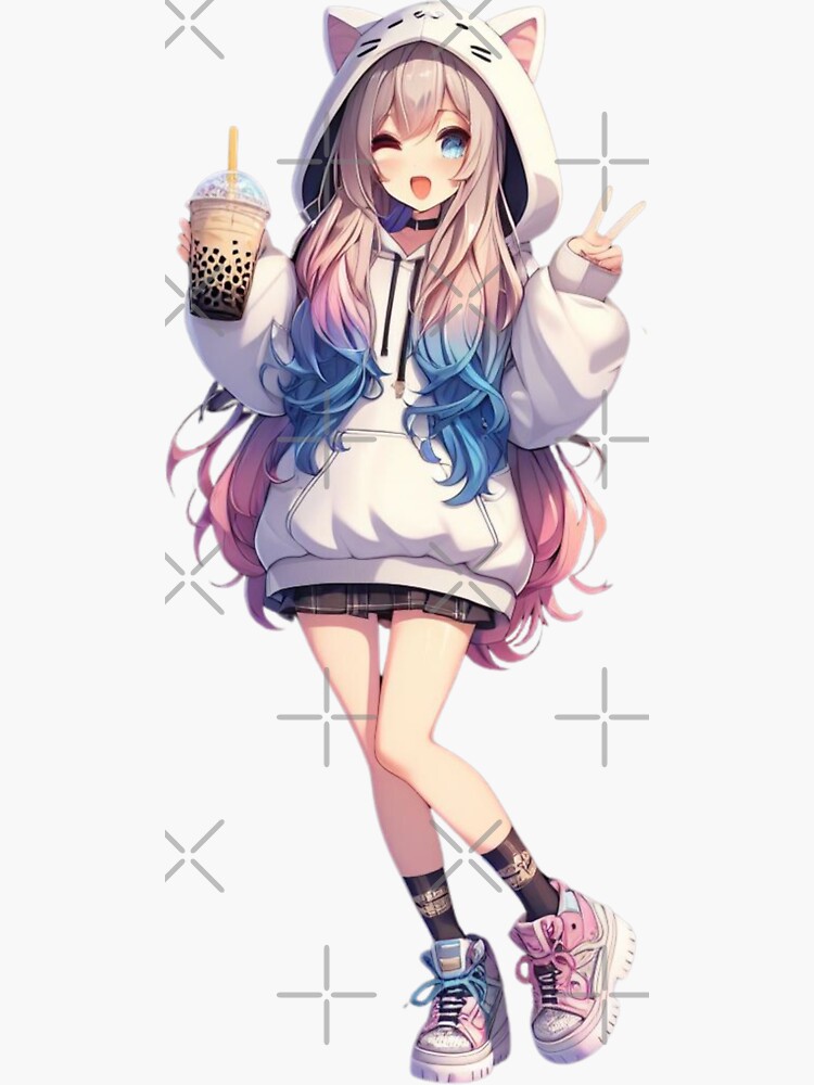 Cute Anime Girl with Cat Hoodie and Boba