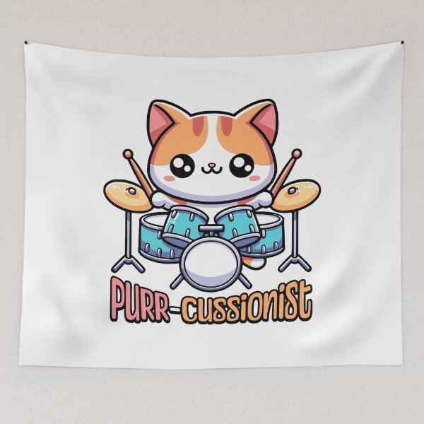 Item preview, Purr-cussionist! Cute Drum Playing Cat Cartoon! designed and sold by PMCreative.