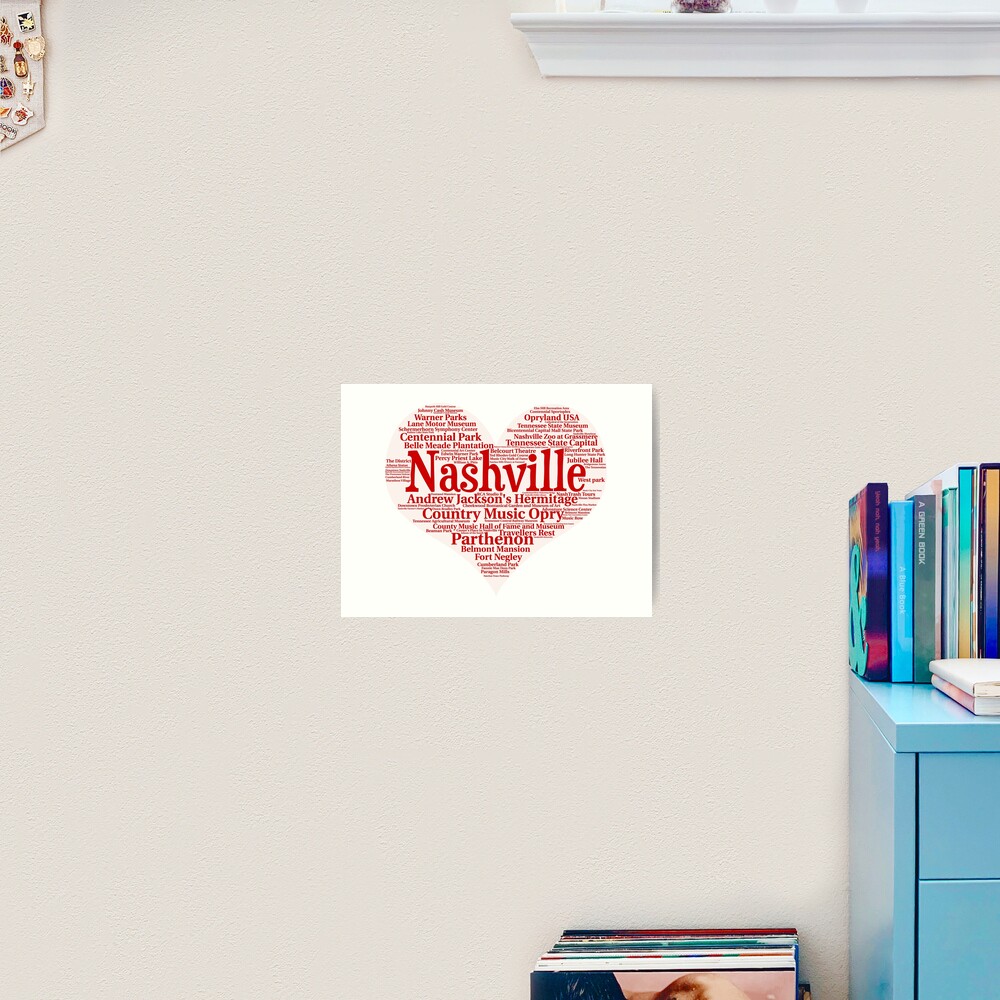 "Heart of Nashville Red Heart Word Cloud Products" Art Print by Mel747