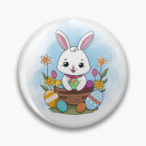 Item preview, Easter Bunny sitting in a brown basket with Easter eggs with blue watercolor background designed and sold by SimoesArtistry.