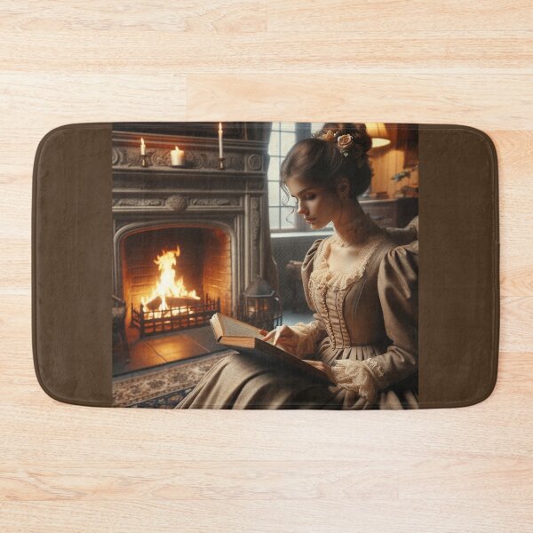 Item preview, Woman in a vintage dress reading a book by a roaring fireplace, evoking a sense of nostalgia and warmth designed and sold by AndreaMart.