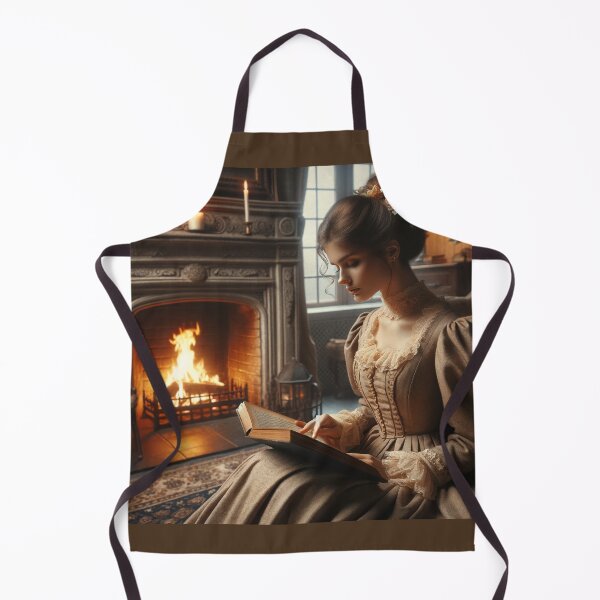 Item preview, Woman in a vintage dress reading a book by a roaring fireplace, evoking a sense of nostalgia and warmth designed and sold by AndreaMart.