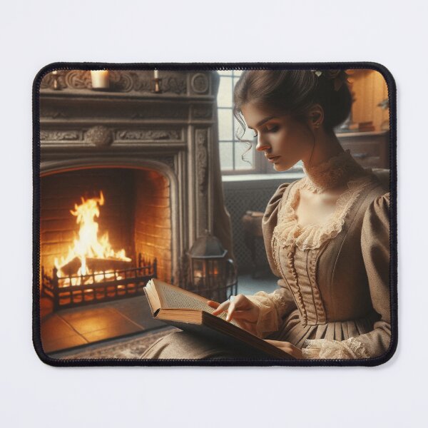 Item preview, Woman in a vintage dress reading a book by a roaring fireplace, evoking a sense of nostalgia and warmth designed and sold by AndreaMart.