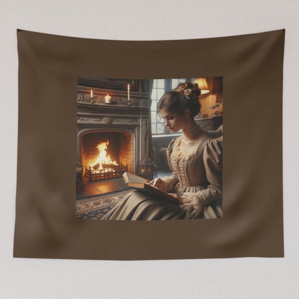 Item preview, Woman in a vintage dress reading a book by a roaring fireplace, evoking a sense of nostalgia and warmth designed and sold by AndreaMart.